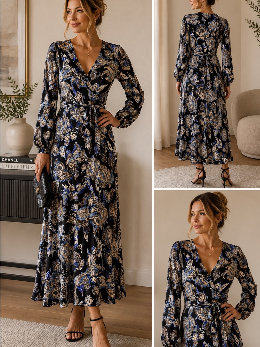 Karen Millen Petite Long sleeve, deep V wrap-style dress